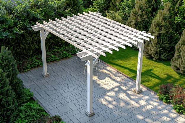 Photo a white wooden pergola above a stone patio surrounded by lush greenery in a backyard garden