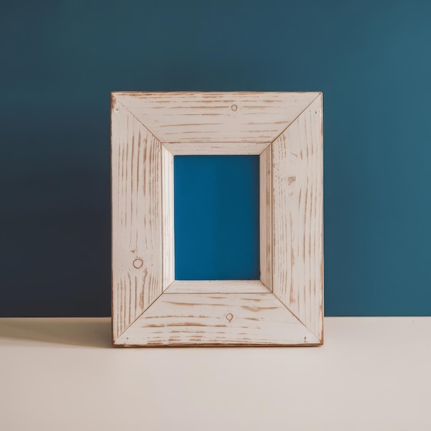 White wooden photo frame on a blue background minimalism