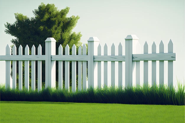 A white wooden picket fence made of picket fence surrounded by grass stands next to tree