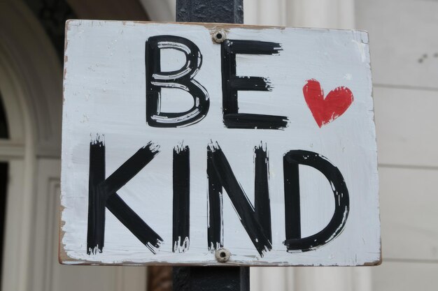 Photo a white wooden sign with black brushstrokes reads be kind with a red heart