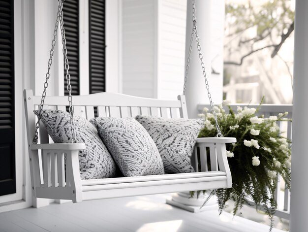 Photo a white wooden swing with pillows on a porch