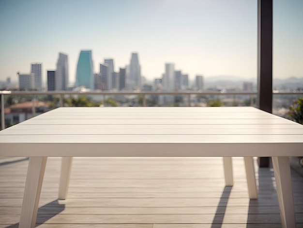 white wooden table in front of abstract blurred los angeles city background