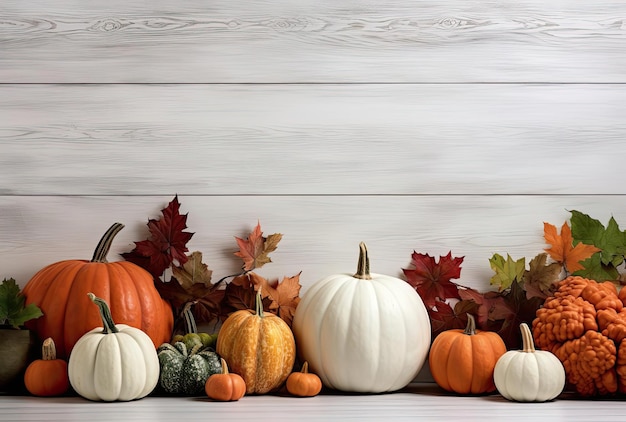 a white wooden table with different pumpkins and apples