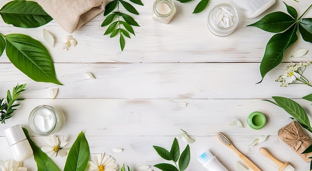 Photo a white wooden table with an ecofriendly elements natural mockup for branding