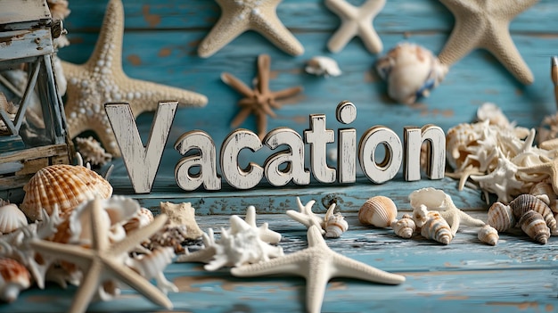 Photo white wooden vacation sign with seashells and starfish on blue wood