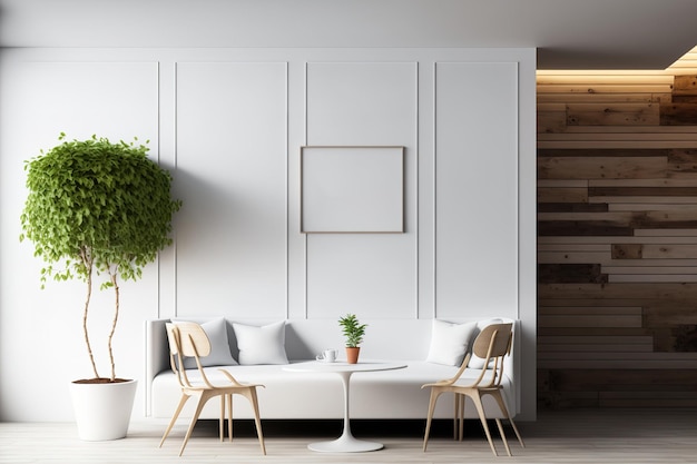 White and wooden walls a wooden floor a cozy sofa and wooden tables and chairs make up the minimalist cafes interior Wall mockup to the right