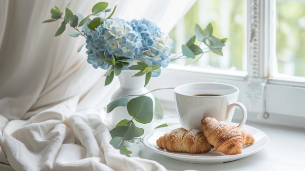 White wooden windowsill bouquet blue hydrangeas cup aromatic coffee croissants morning beverage cozy