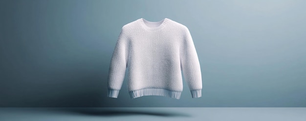 Photo white woolen sweater floating on minimalist blue background