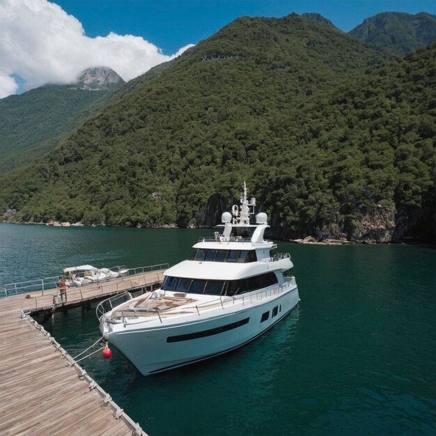 Photo a white yacht is docked at a dock with a mountain in the background