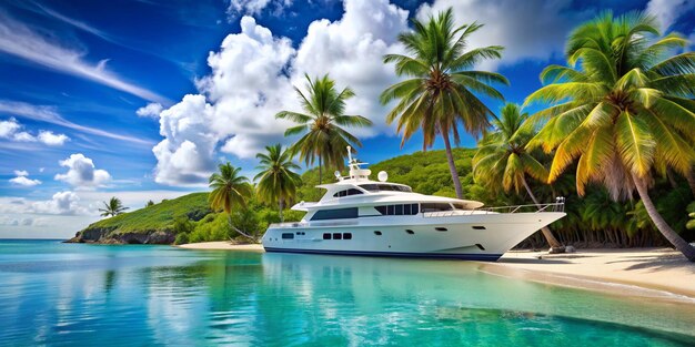 a white yacht is docked in a tropical bay