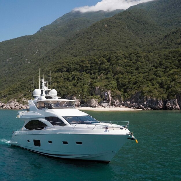 Photo a white yacht is docked in the water with a mountain in the background