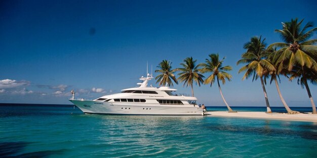 a white yacht is sailing in the water with palm trees