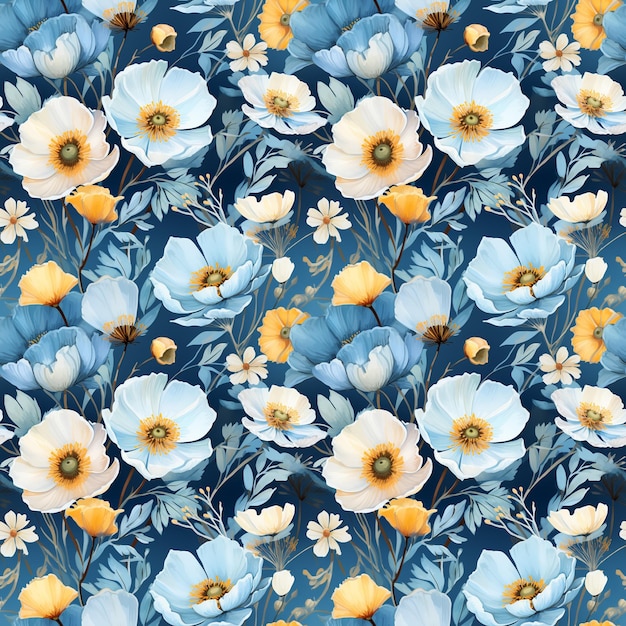 Photo white and yellow anemones wild flowers on dark blue background seamless watercolor illustration