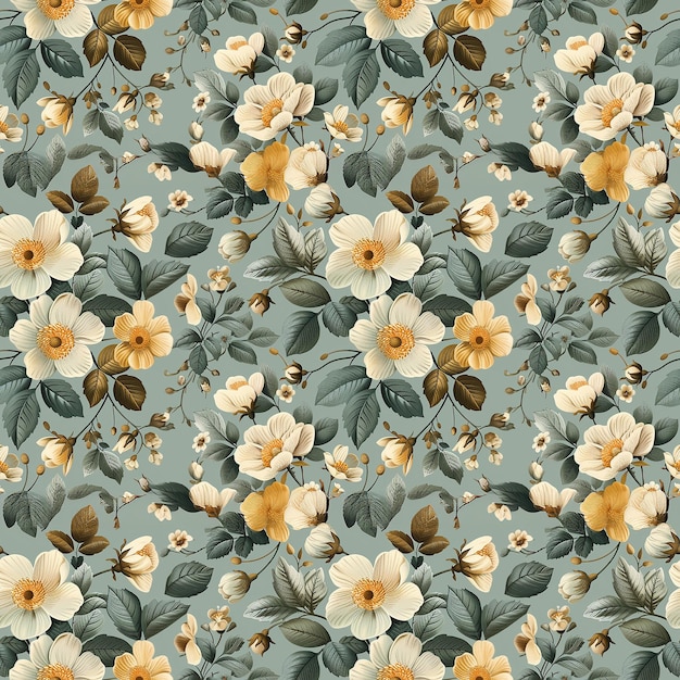 Photo white and yellow flowers on green background floral pattern