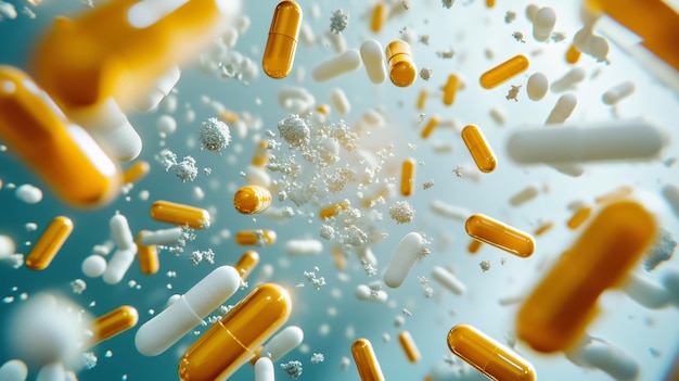 White and yellow pills falling through bacteria in the air