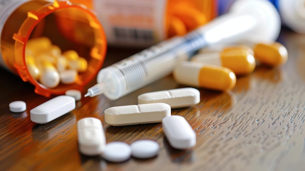 White And Yellow Pills And A Syringe Scattered On A Wooden Table