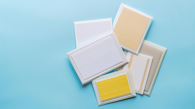 a white and yellow square is laying on a blue surface