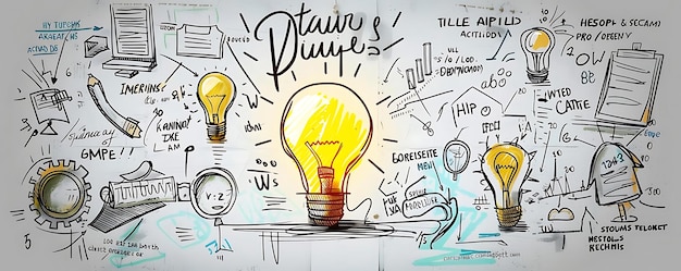 Photo whiteboard illustration with lightbulb idea and doodles