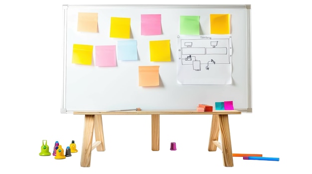 Photo whiteboard with diagrams and sticky notes on white background