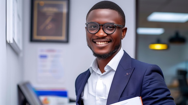 Whitecollar worker in suit and glasses smiling at computer