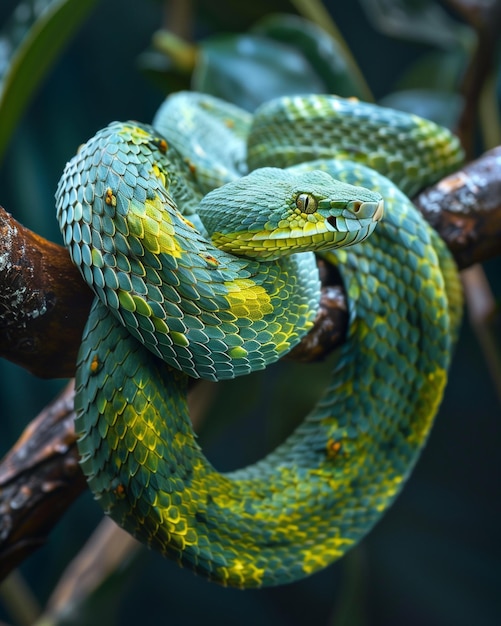 Whitelipped tree viper coiled around tree branch