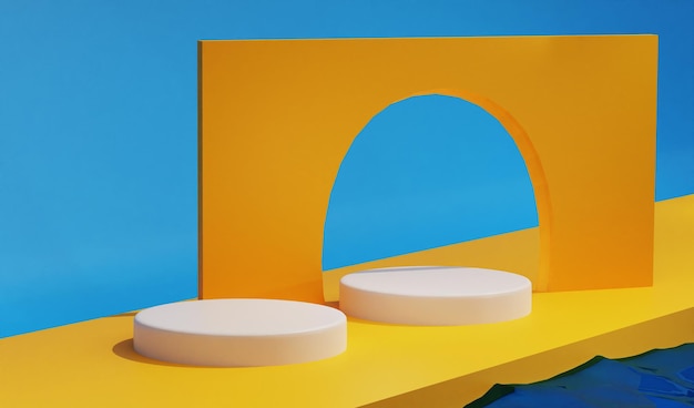 Whitep podium with yellow background in blue sky backdrops Perfect for showing product present