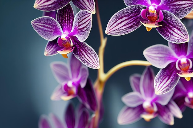 Whitepink striped orchid flowers on stem on blurred dark background