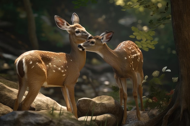 WhiteTailed Deer Licks Her Fawn AI generated