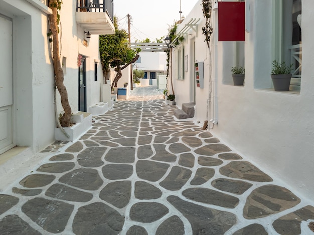 Whitewashed houses empty cobblestone alley at Naousa village Paros island Greece