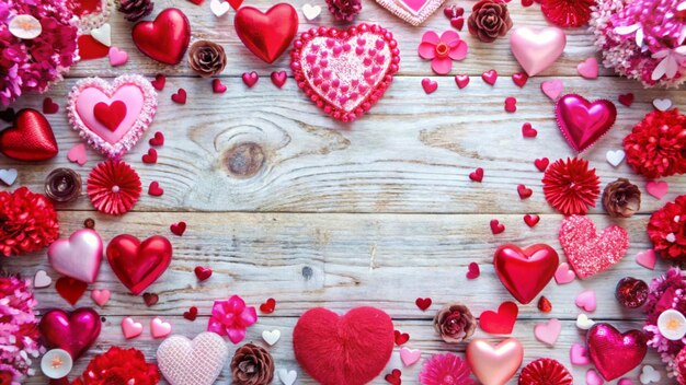 Whitewashed wood background decorated with red and pink hearts and flowers