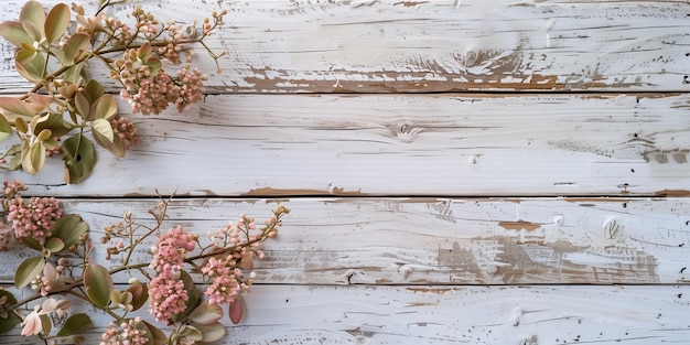 Photo whitewashed wood planks with pink flowers and greenery on the left side generative ai