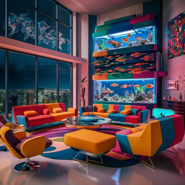 Who knew a colorful couch and a big aquarium could bring so much joy to a room