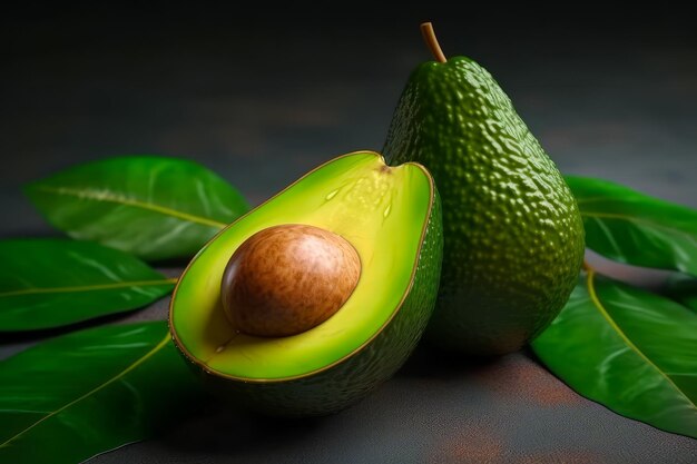 Whole avocado and half avocado on table Generative AI