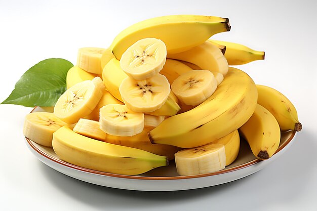 Whole banana and slices isolated on white background