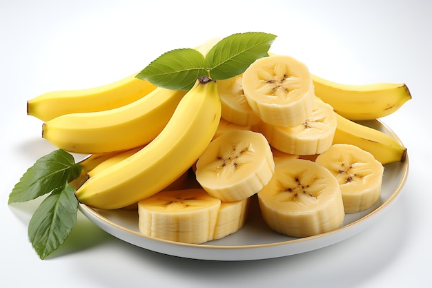 Whole banana and slices on a plate isolated on white background