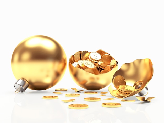 Whole and broken gold Christmas balls with coins