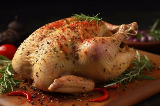 A whole chicken with herbs and spices on a wooden tray.