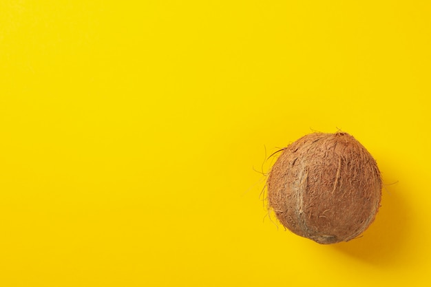 Whole coconut on yellow, top view