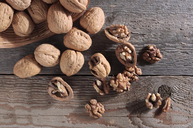 Whole and cracked walnuts