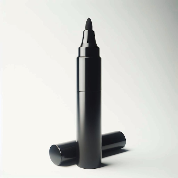 A whole cylindrical black permanent marker pen standing upright