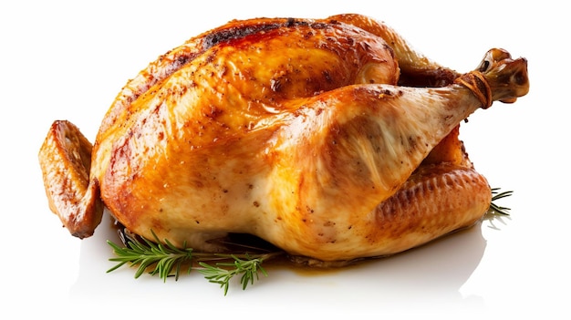 Whole fresh roasted chicken isolated on a white background Generative ai