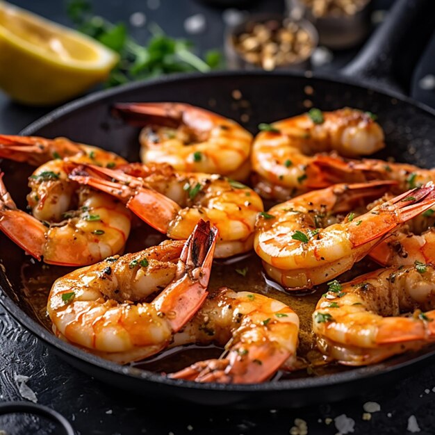 Whole fried large prawns with seasonings in a bowl on a rustic background from above Fresh cooked delicious grilled shrimp served on a plate from above healthy seafood meal