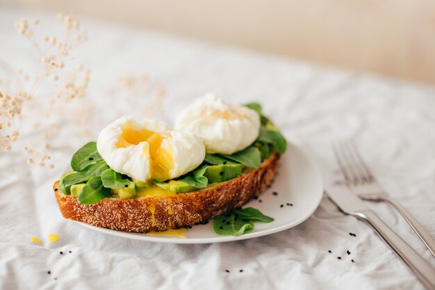 whole-grain bread sandwich with avocado, arugula and poached egg