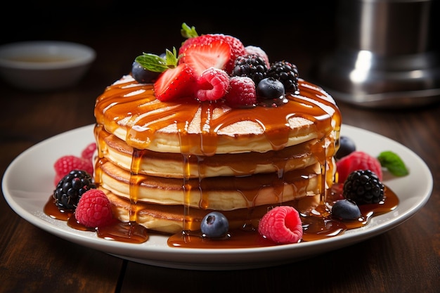 whole grain pancakes topped with a drizzle of honey and fresh berries