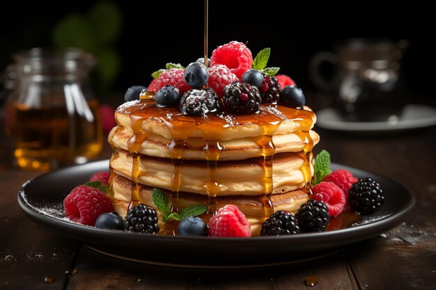 whole grain pancakes topped with a drizzle of honey and fresh berries