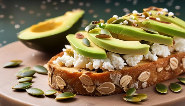 Photo whole grain toast with cream cheese and avocado and pumpkin seeds closeup