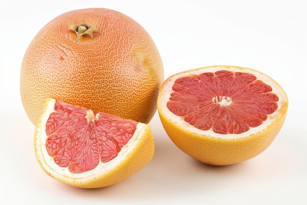 A whole grapefruit and two slices one half and one wedge isolated on a white background