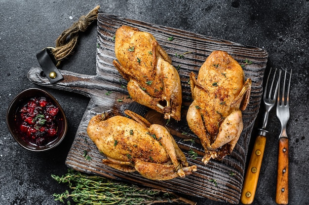 Whole Grilled quails on a wooden cutting board.  Black background. Top view.