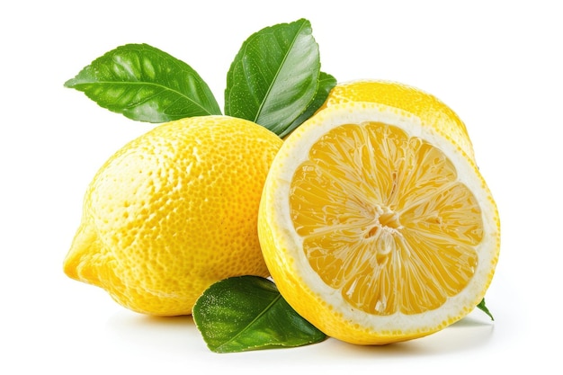 Photo whole and half lemon with leaves on white background side view with clipping path