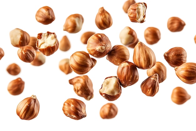 Photo whole hazelnuts falling on white background